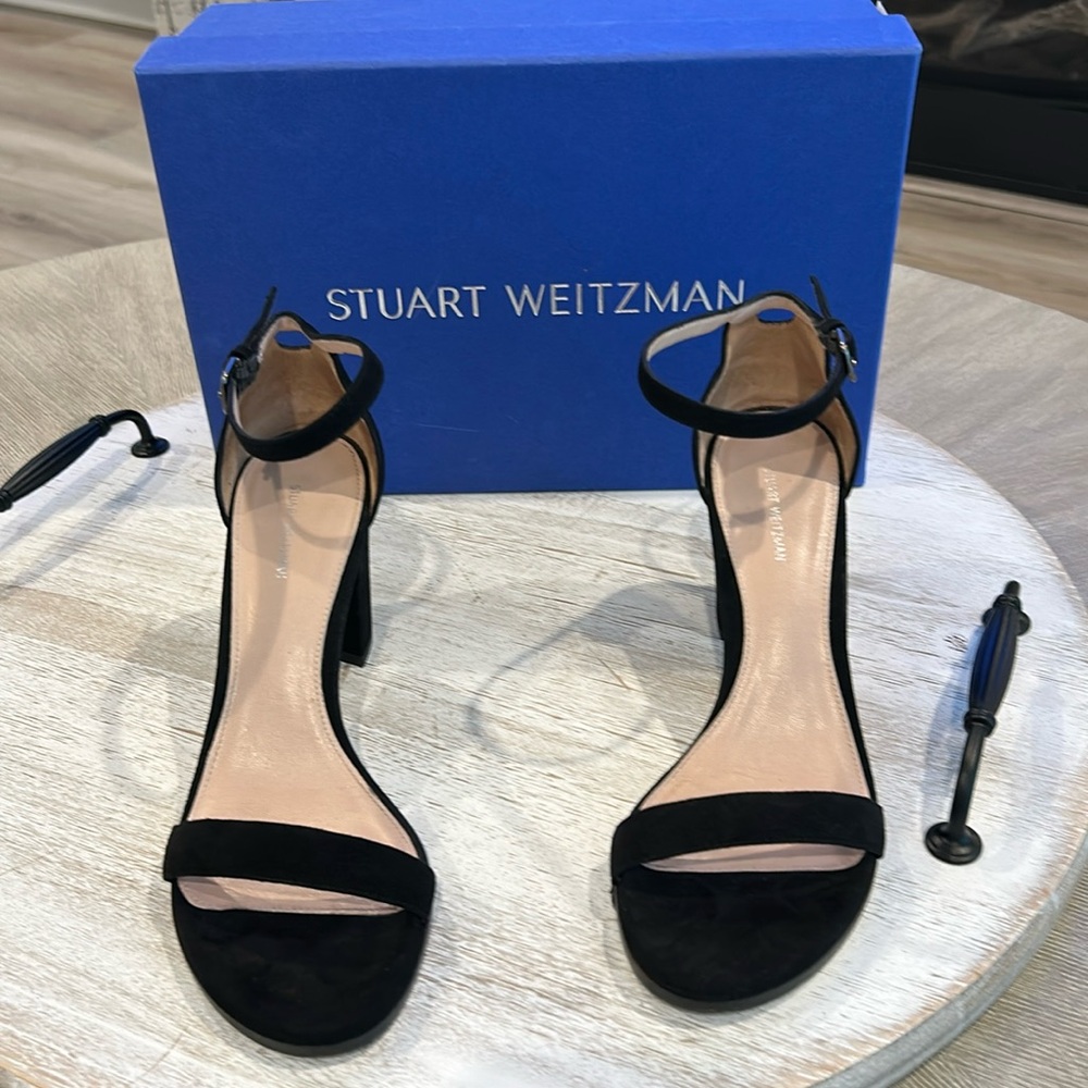 Stuart Weitzman Women’s Black Suede Block-Heel Sandals